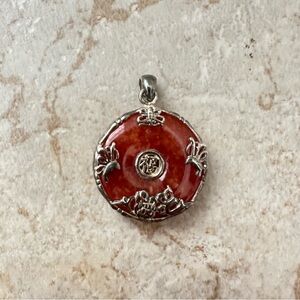 925 Red Jade-Style Round Pendant Necklace with Silver Accents